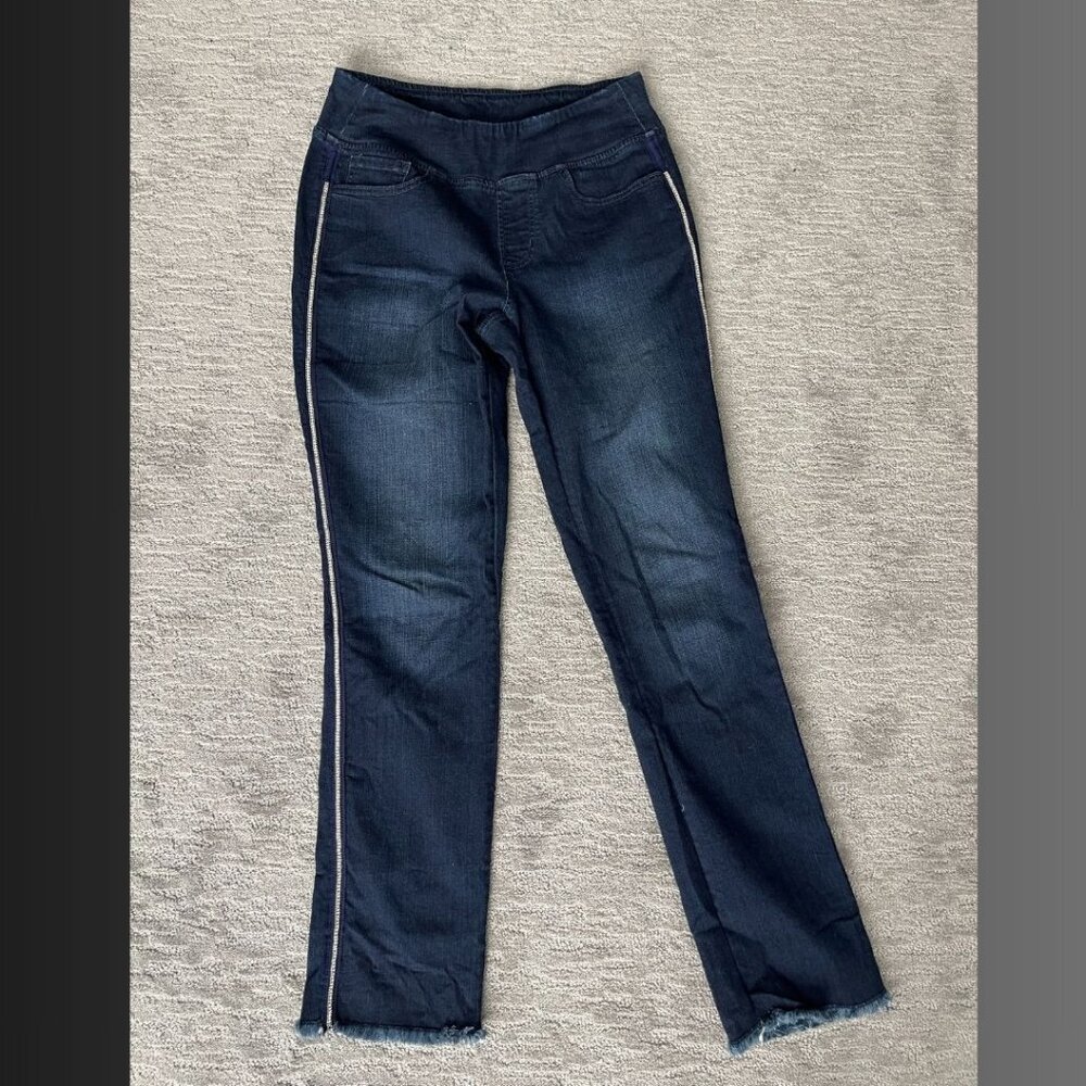 Belle by Kim Gravel Dark Wash Skinny Jeans w/ Side Stripe – Pull On